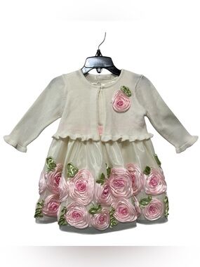 American Princess Ivory Dress with Pink Rose Appliqués and Ivory Cardigan
